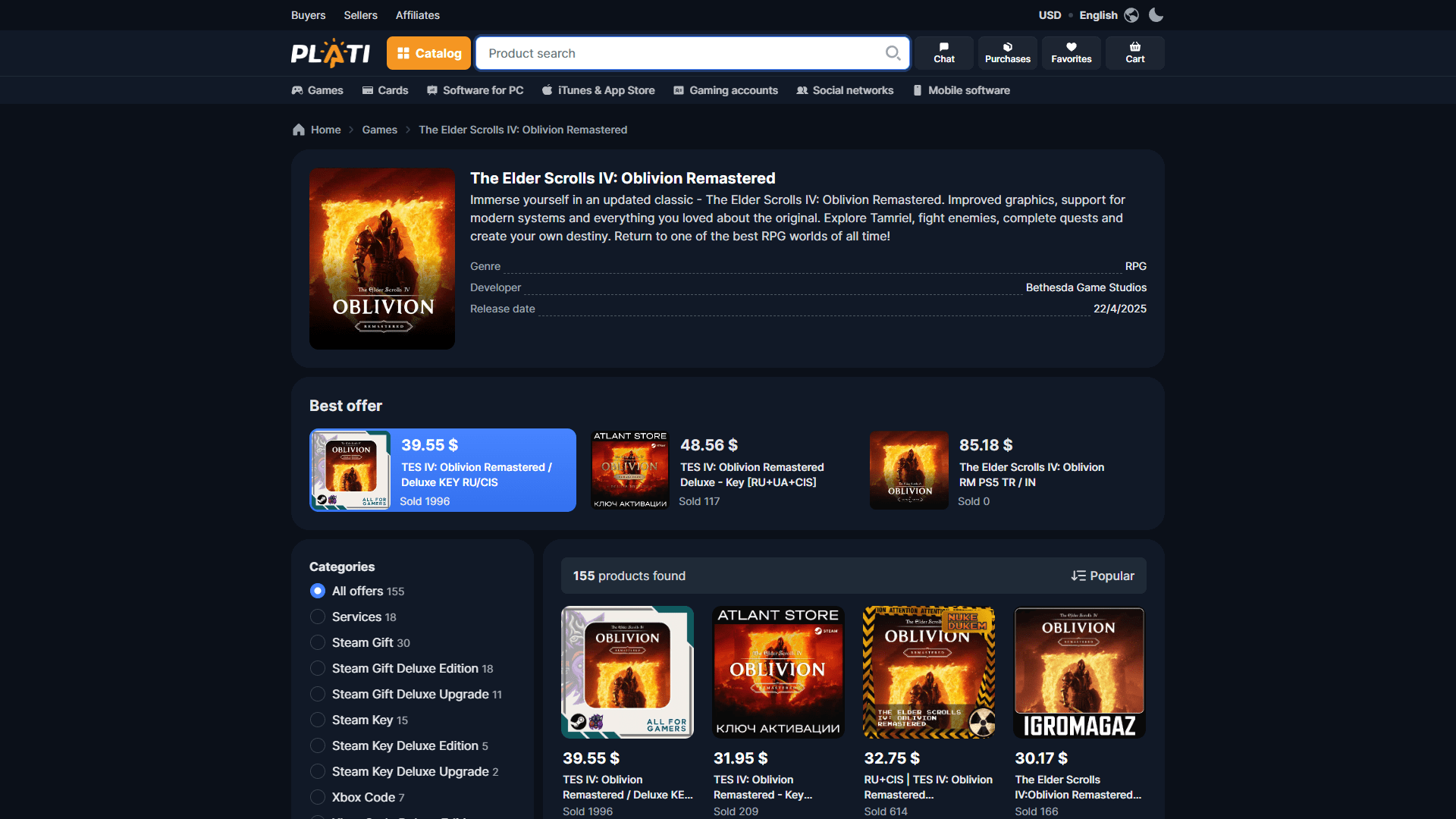 Plati.Market Obvilion Buy Page ScreenShot